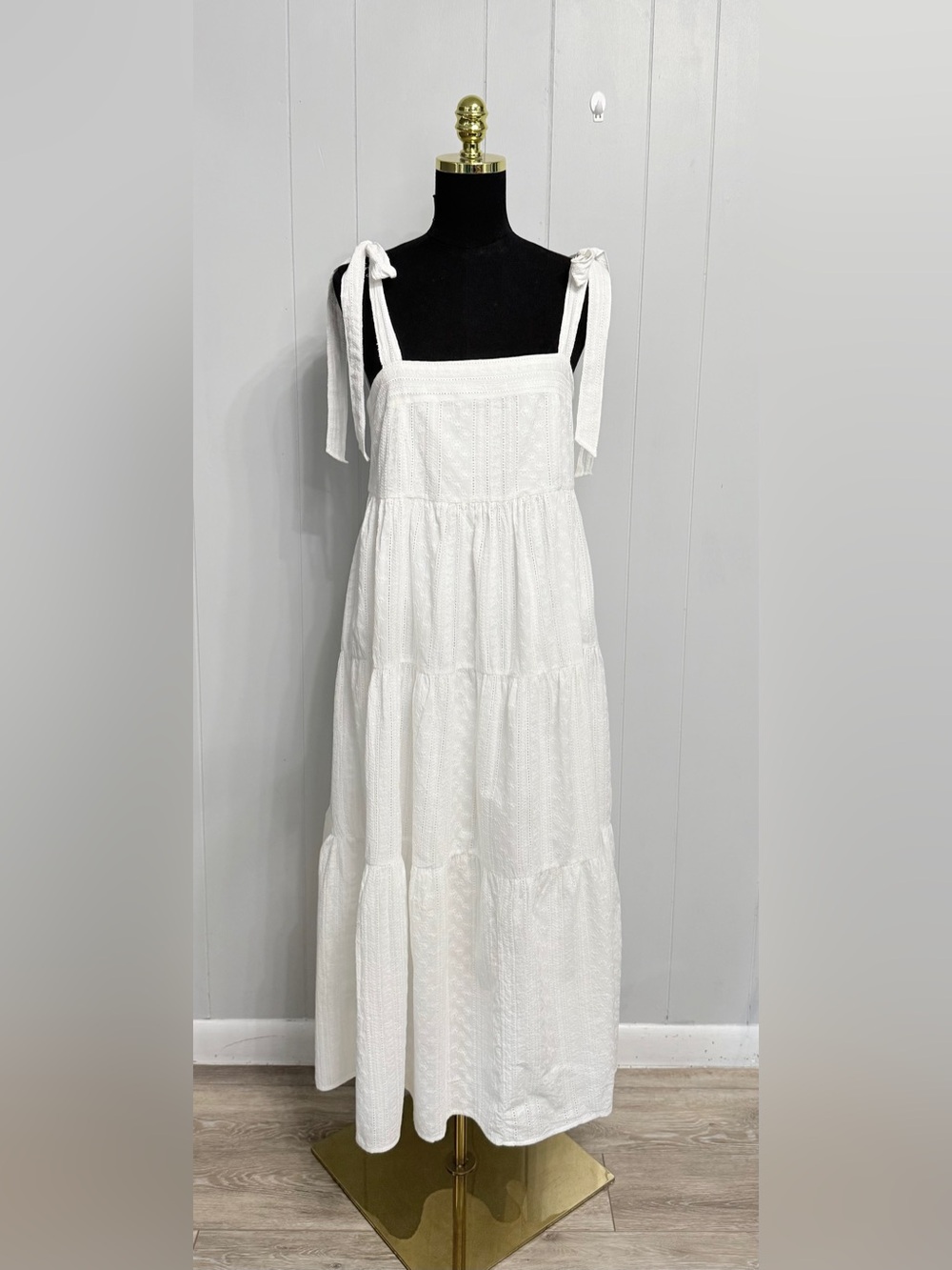 Women's White Tiered Maxi Dress with Tie Straps